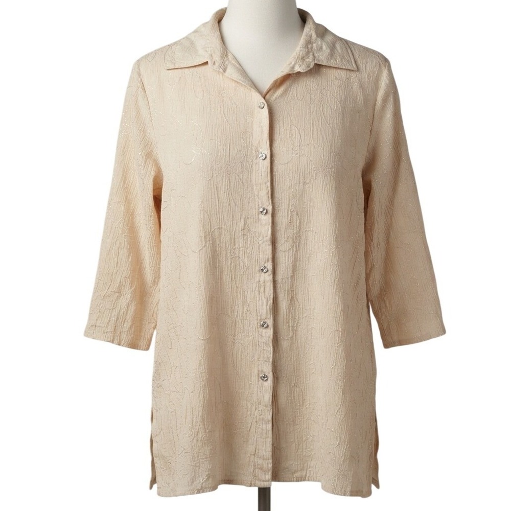 Susan Graver Style Cotton Beige Floral Embroidered Metallic Stripe Tunic Shirt L
